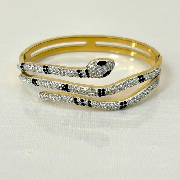 New Snake Wrap White & Black Rhinestone Stainless Steel Hinge Bangel Bracelet - Picture 5 of 8